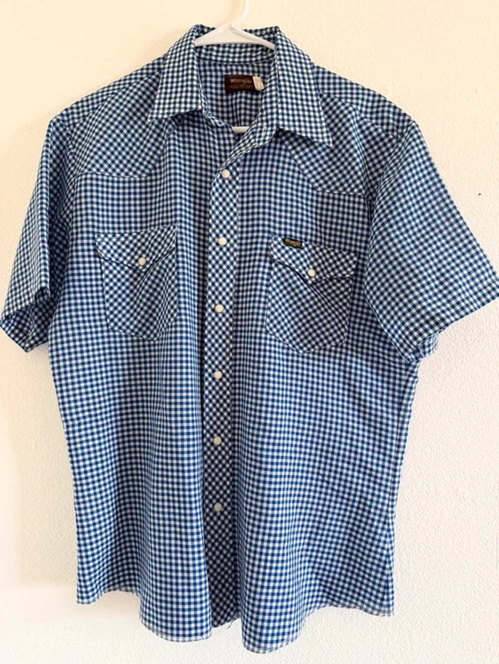Wrangler Vintage X-Long Tails Western Shirt Mens L Blue Gingham Pearl Snap 1126
